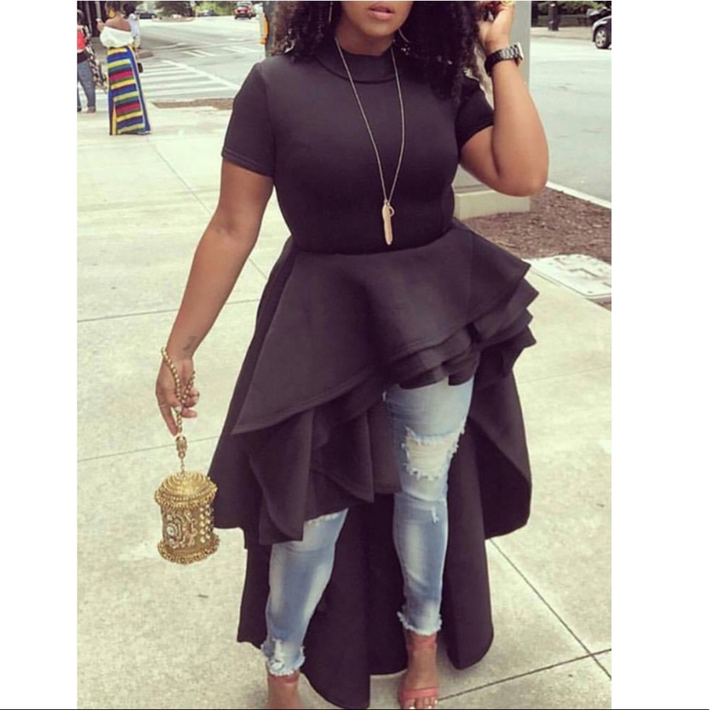 Black Cascading Ruffle Peplum Short Sleeve Top